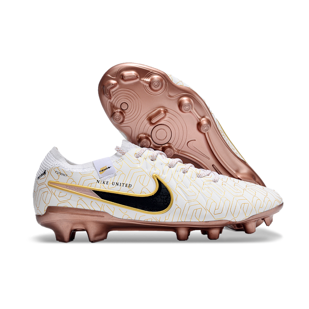 Chuteira Campo Nike Tiempo Legend 10 Elite FG Branca e Dourada 