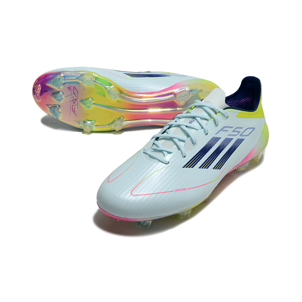 Chuteira Campo Adidas F50 FG Azul, Rosa e Amarelo 