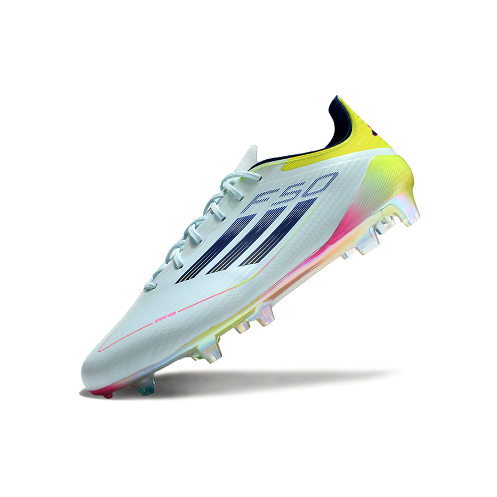 Chuteira Campo Adidas F50 FG Azul, Rosa e Amarelo 