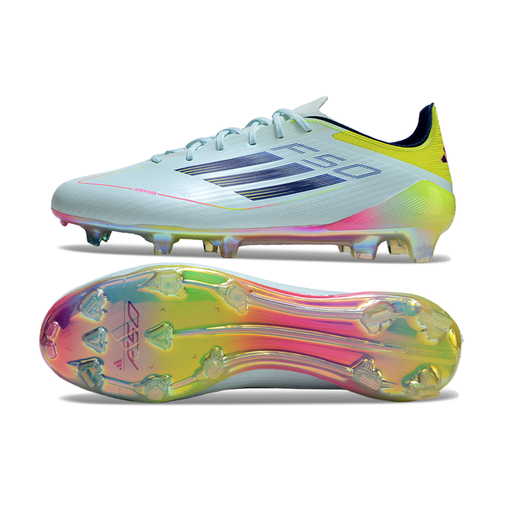 Chuteira Campo Adidas F50 FG Azul, Rosa e Amarelo 