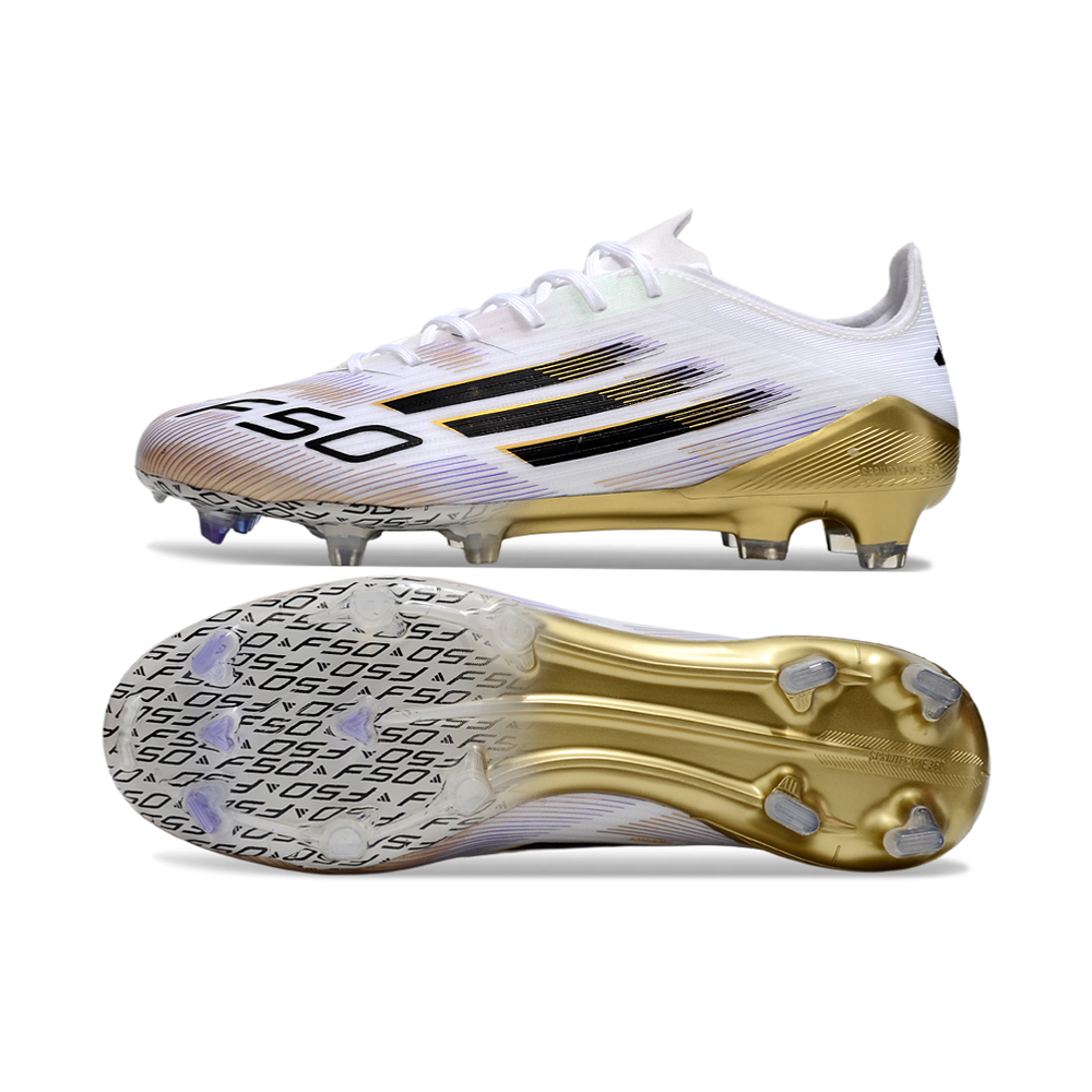 Chuteira Campo Adidas F50 FG Branca e Dourada