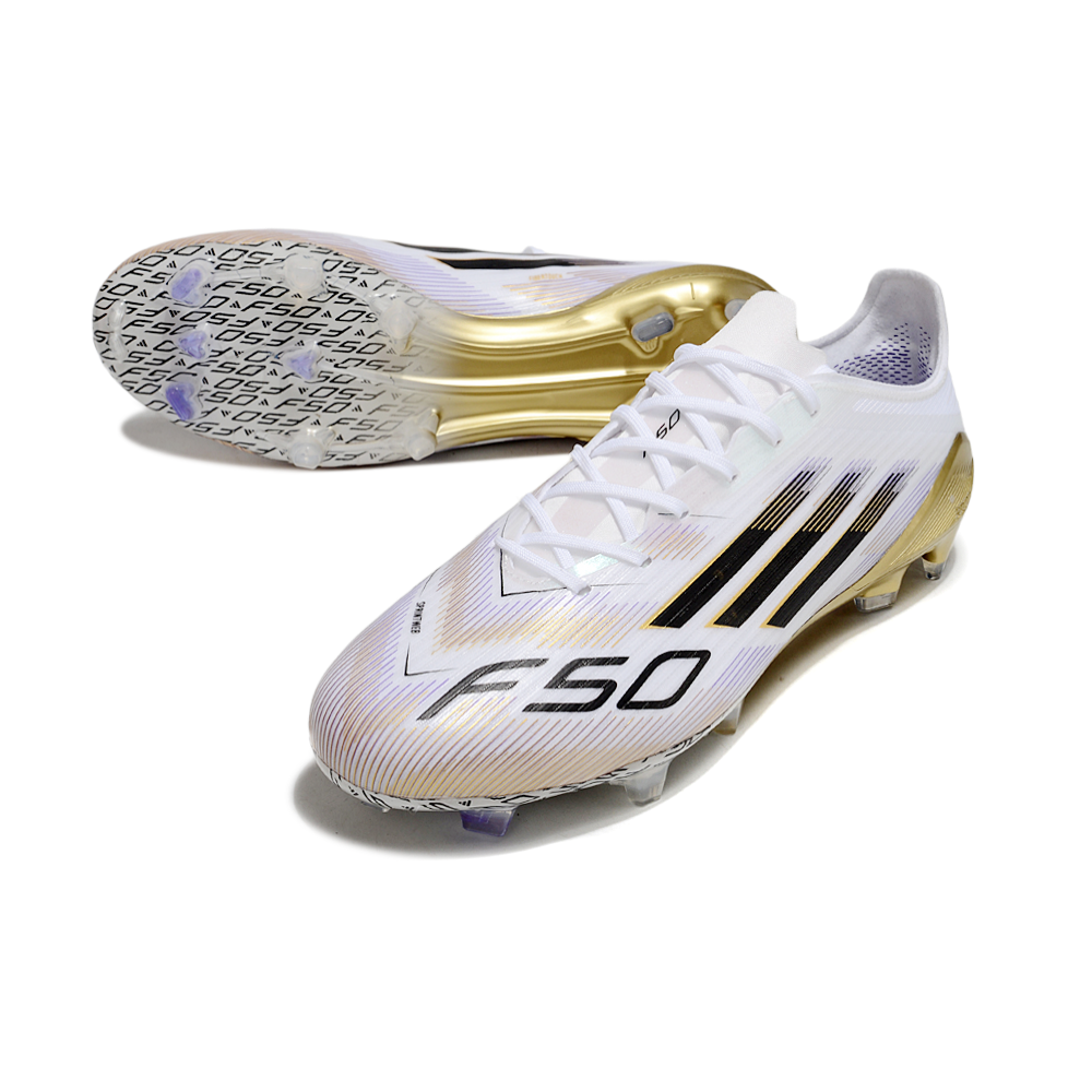 Chuteira Campo Adidas F50 FG Branca e Dourada