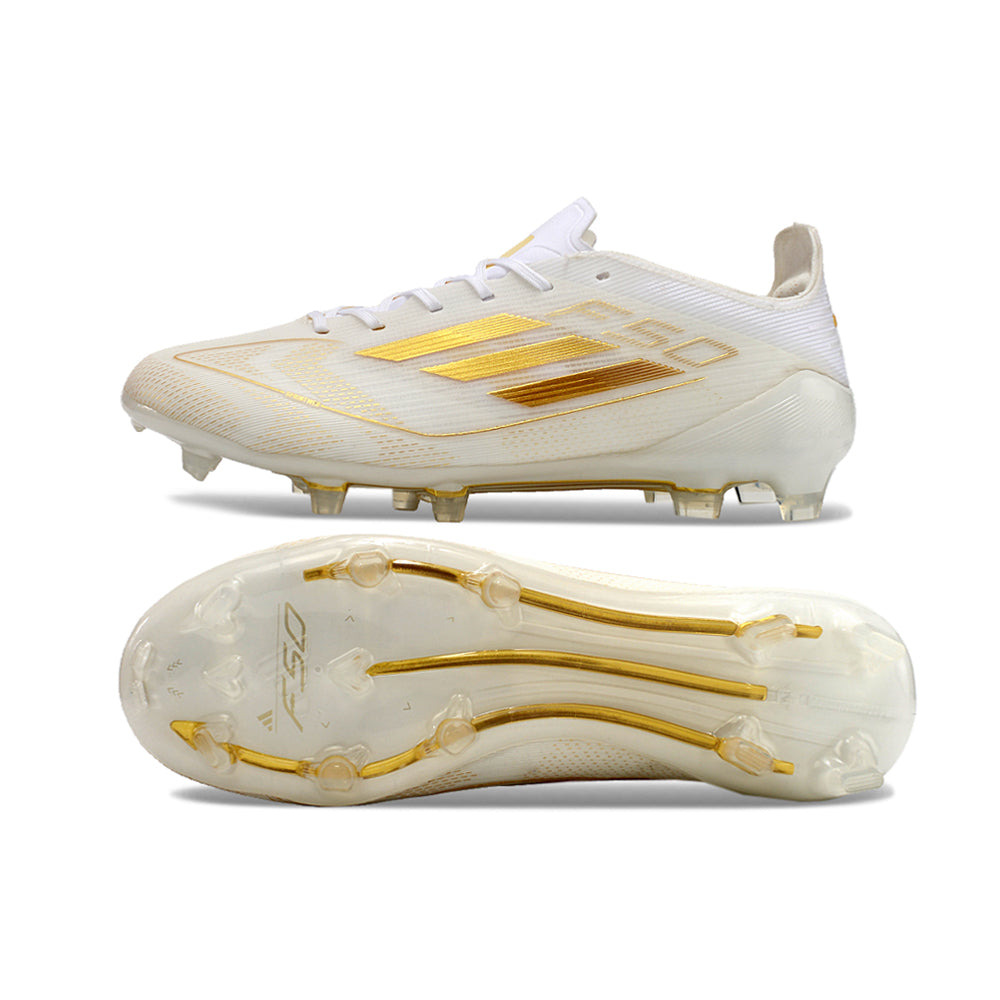 Chuteira Campo Adidas F50 FG Branca e Dourada 