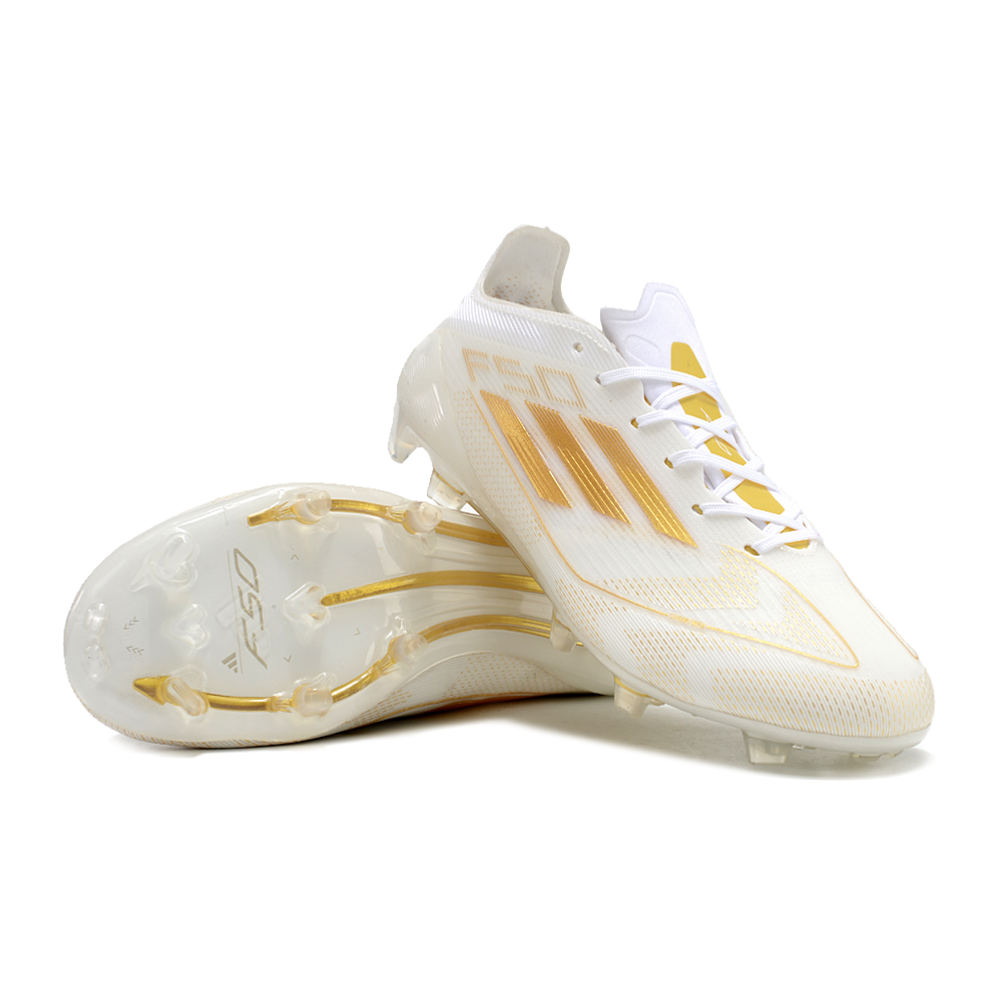 Chuteira Campo Adidas F50 FG Branca e Dourada 