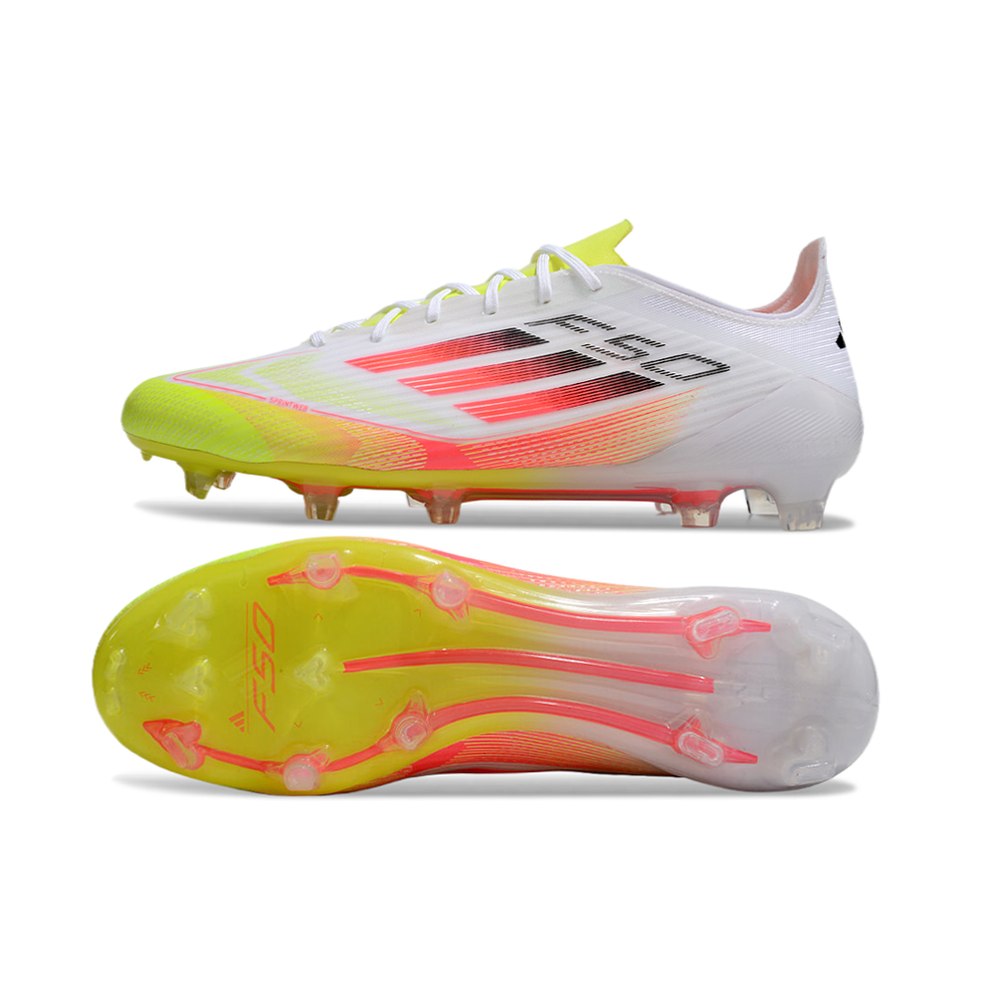 Chuteira Campo Adidas F50 FG Branca, Amarelo e Laranja