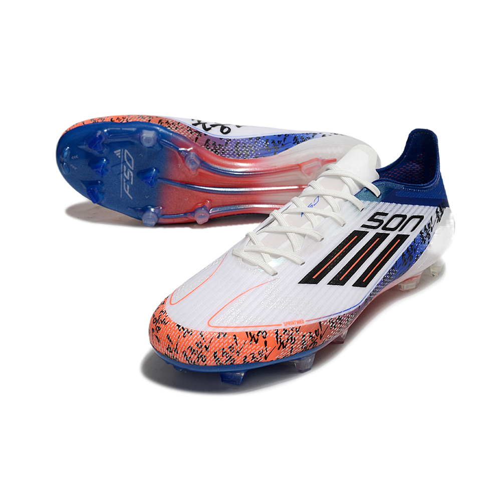 Chuteira Campo Adidas F50 FG Branca, Azul e Laranja