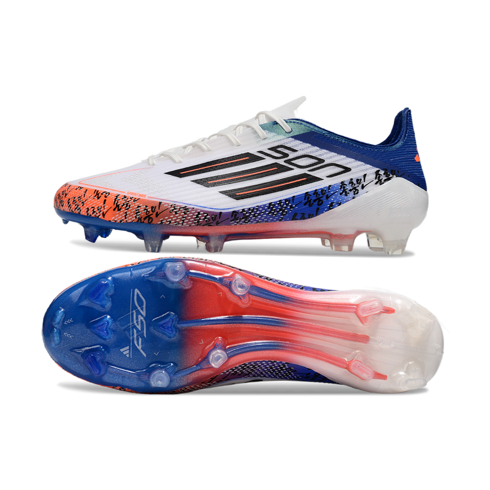 Chuteira Campo Adidas F50 FG Branca, Azul e Laranja