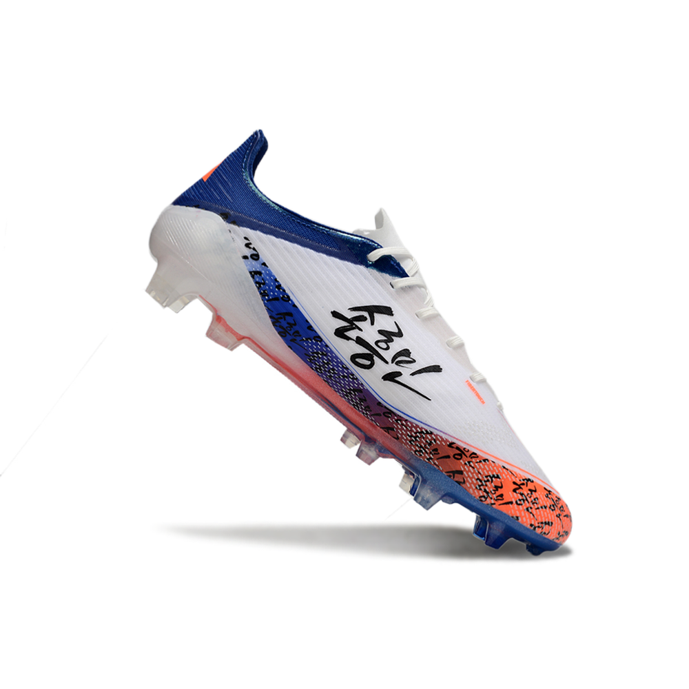 Chuteira Campo Adidas F50 FG Branca, Azul e Laranja