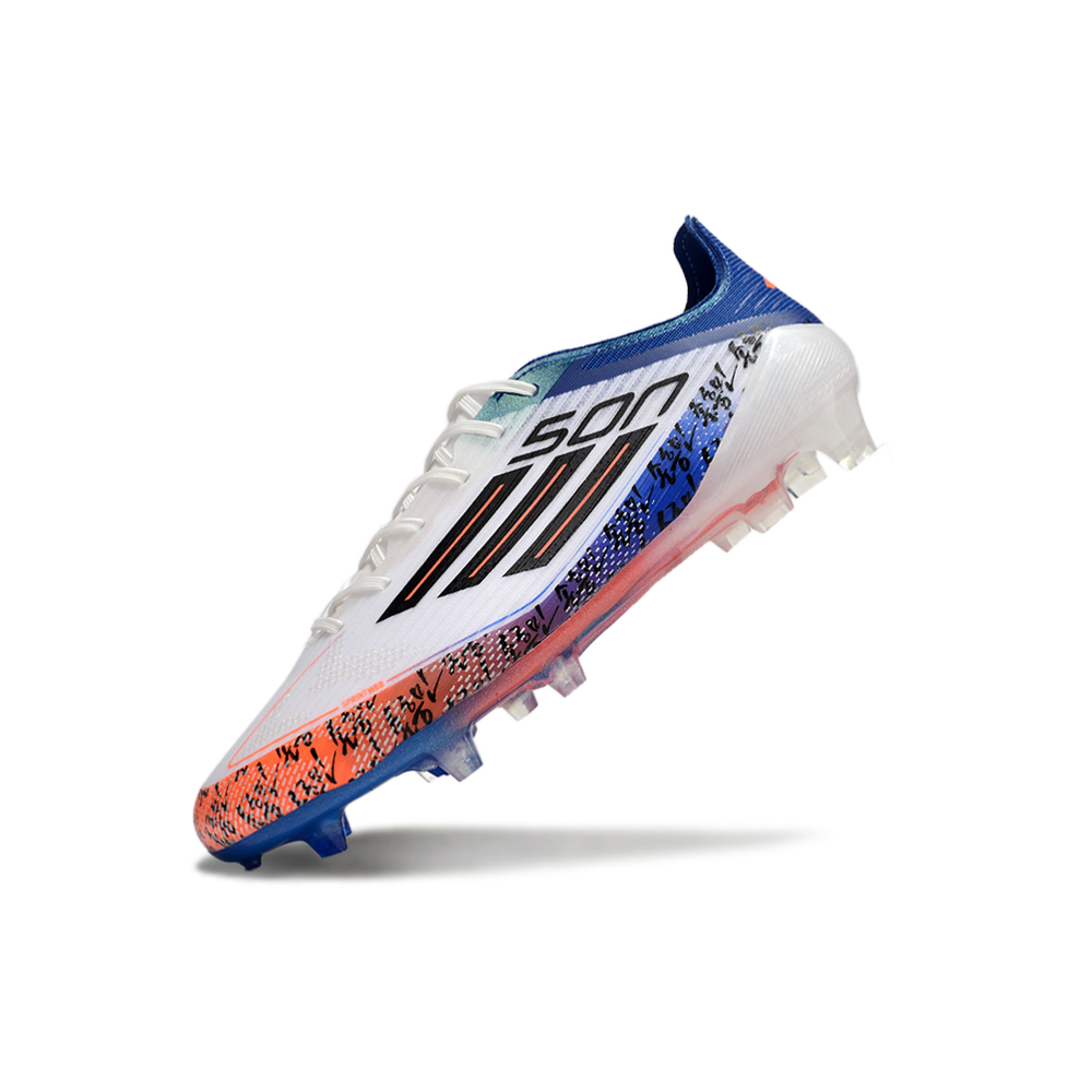 Chuteira Campo Adidas F50 FG Branca, Azul e Laranja