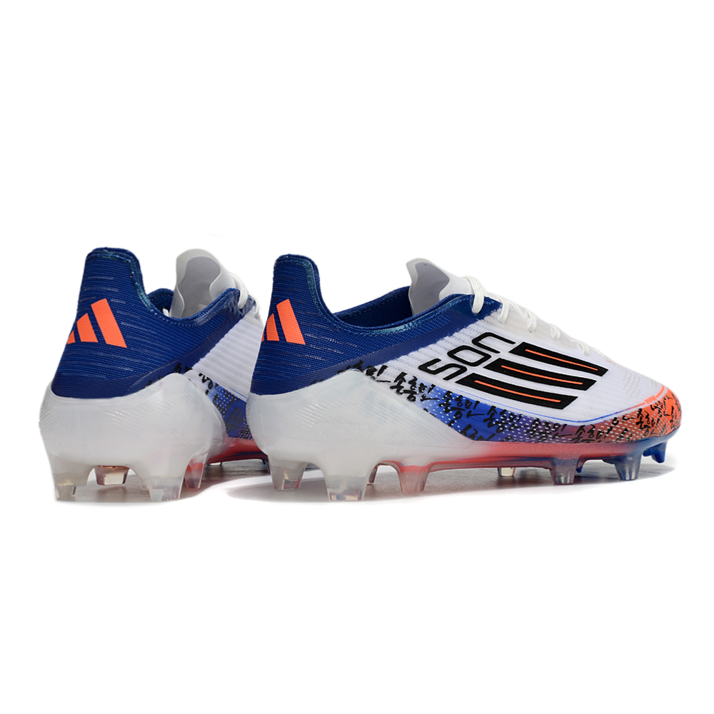 Chuteira Campo Adidas F50 FG Branca, Azul e Laranja