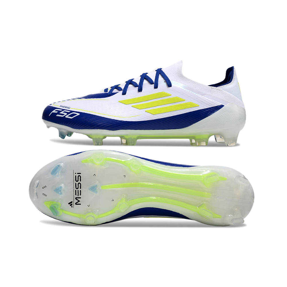Chuteira Campo Adidas F50 FG Branca, Azul e Verde