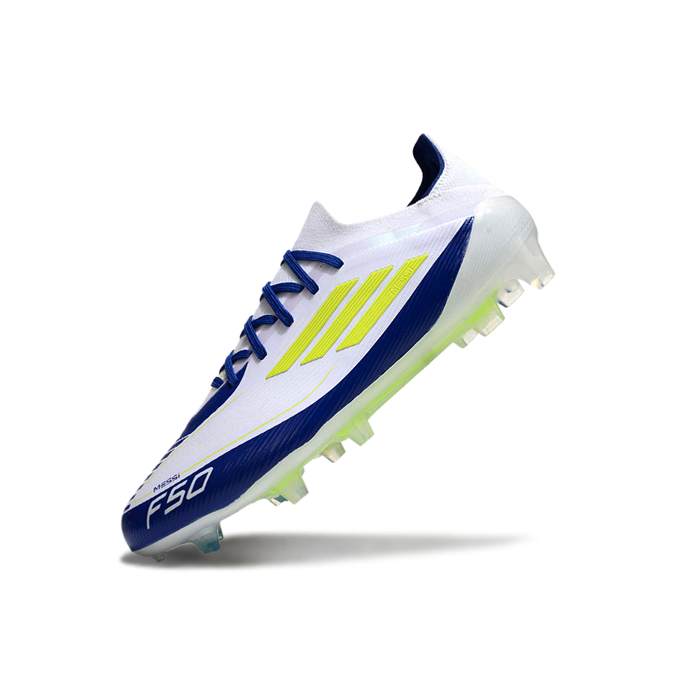 Chuteira Campo Adidas F50 FG Branca, Azul e Verde
