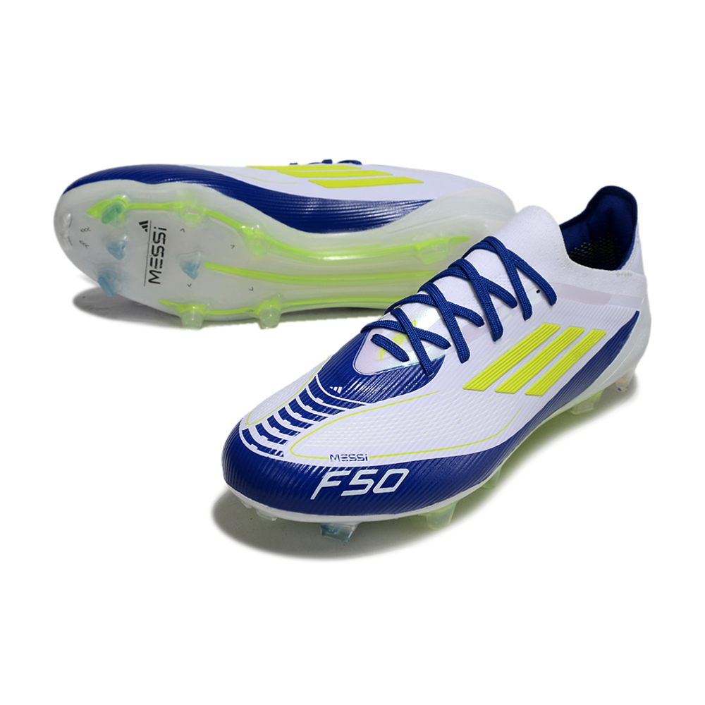Chuteira Campo Adidas F50 FG Branca, Azul e Verde