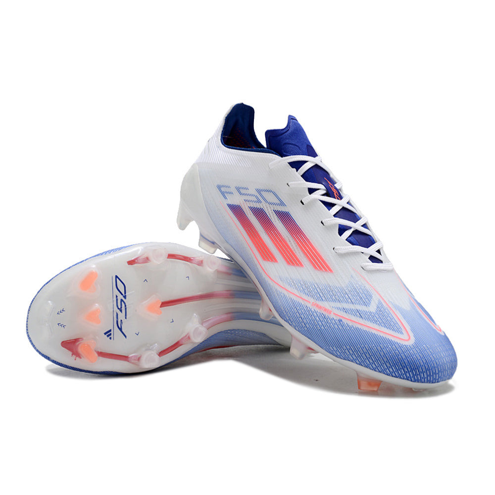 Chuteira Campo Adidas F50 FG Branca, Azul e Vermelho 