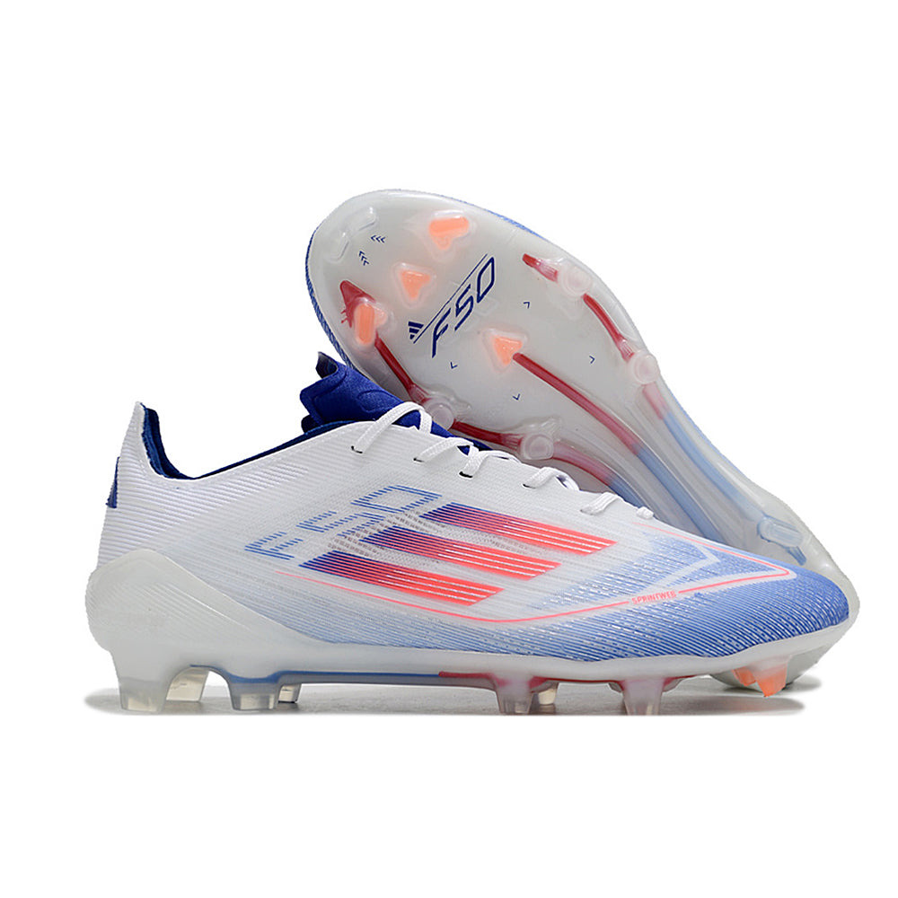 Chuteira Campo Adidas F50 FG Branca, Azul e Vermelho 