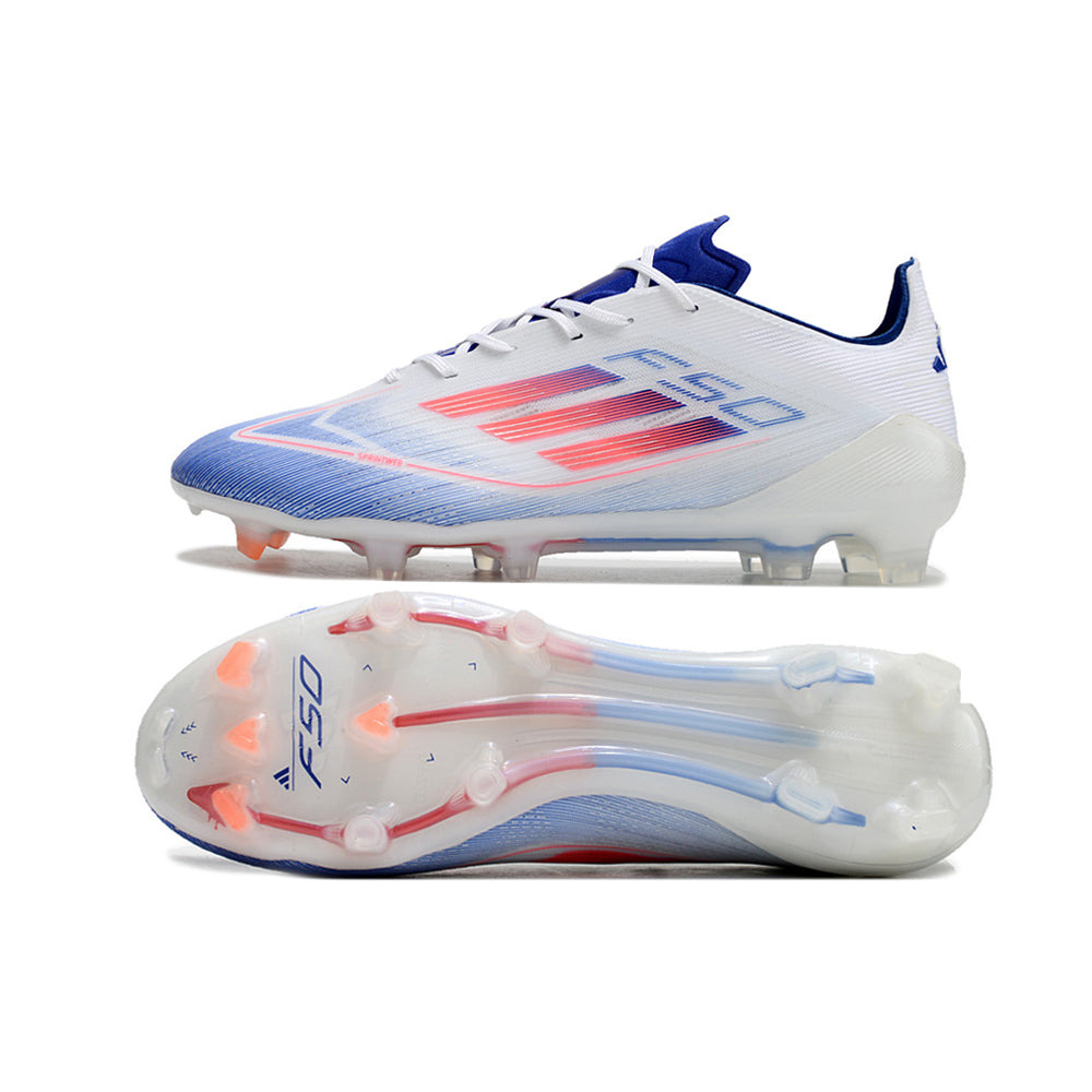 Chuteira Campo Adidas F50 FG Branca, Azul e Vermelho 