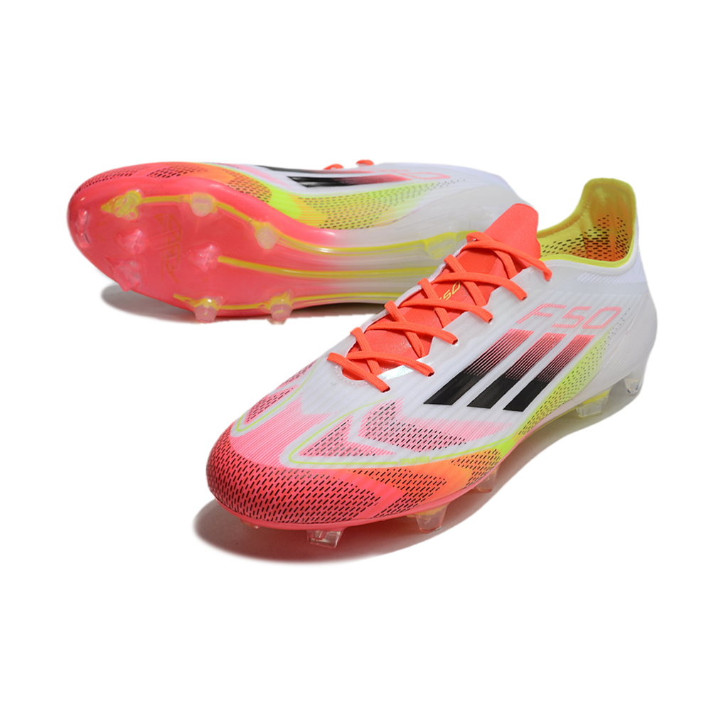 Chuteira Campo Adidas F50 FG Branca, Laranja e Amarelo