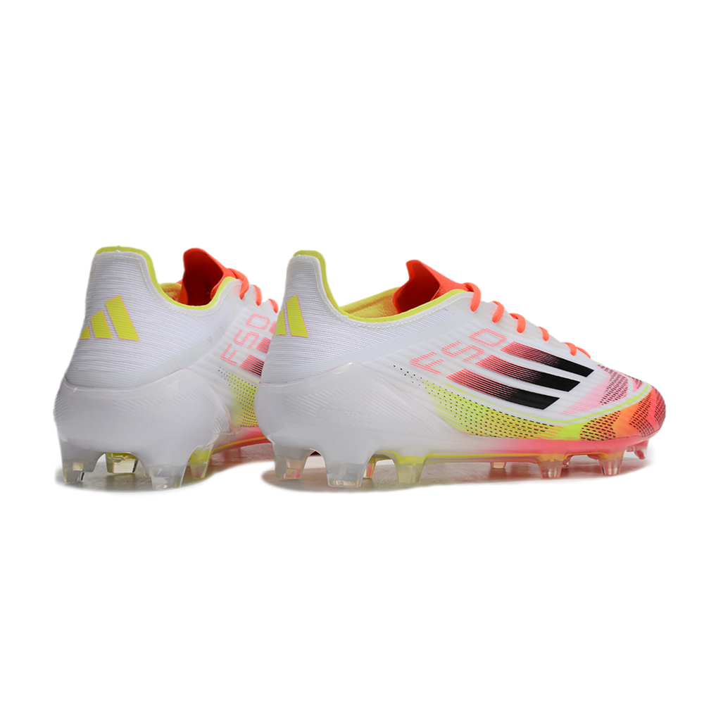 Chuteira Campo Adidas F50 FG Branca, Laranja e Amarelo
