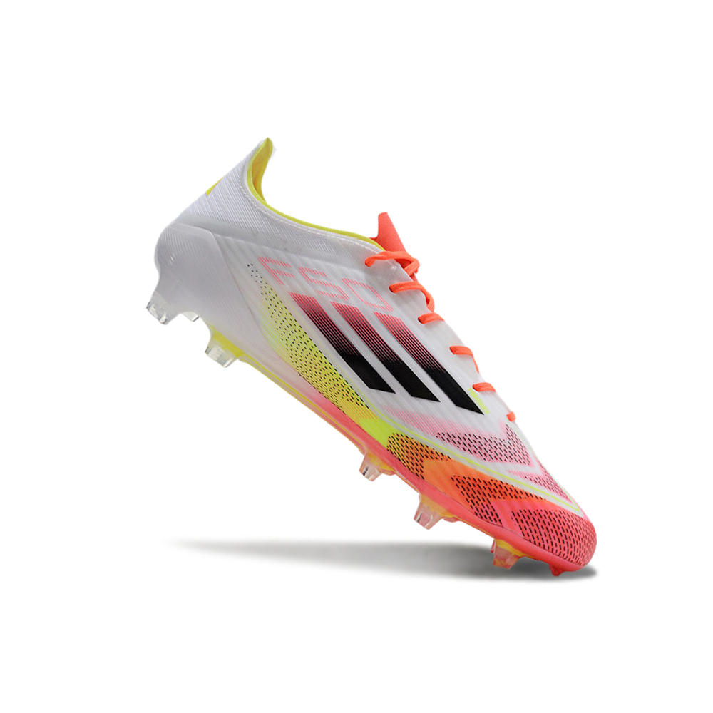 Chuteira Campo Adidas F50 FG Branca, Laranja e Amarelo