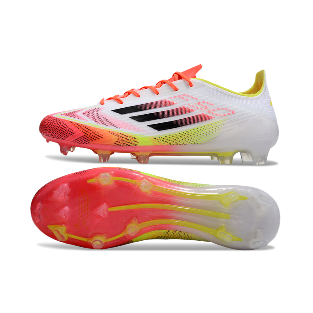 Chuteira Campo Adidas F50 FG Branca, Laranja e Amarelo