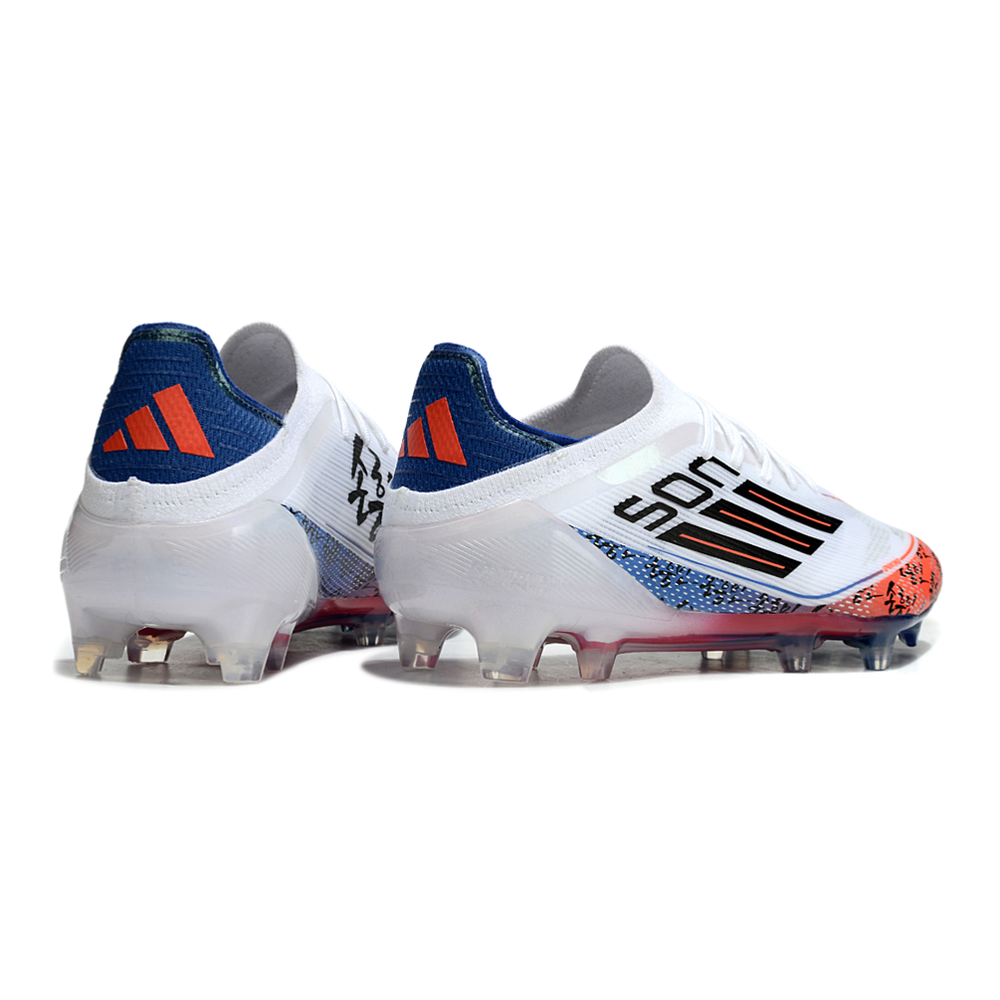 Chuteira Campo Adidas F50 FG Branca, Laranja e Azul