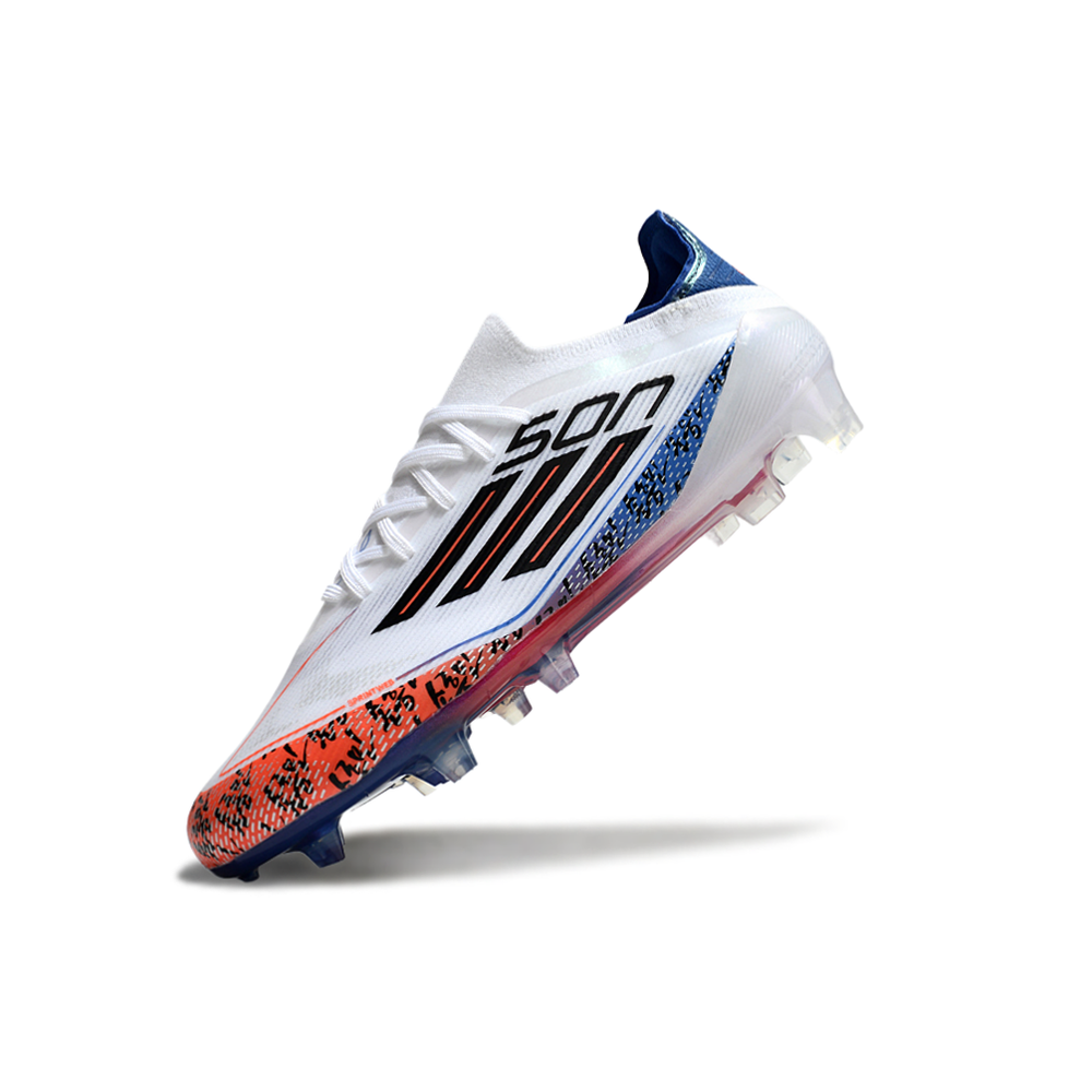Chuteira Campo Adidas F50 FG Branca, Laranja e Azul