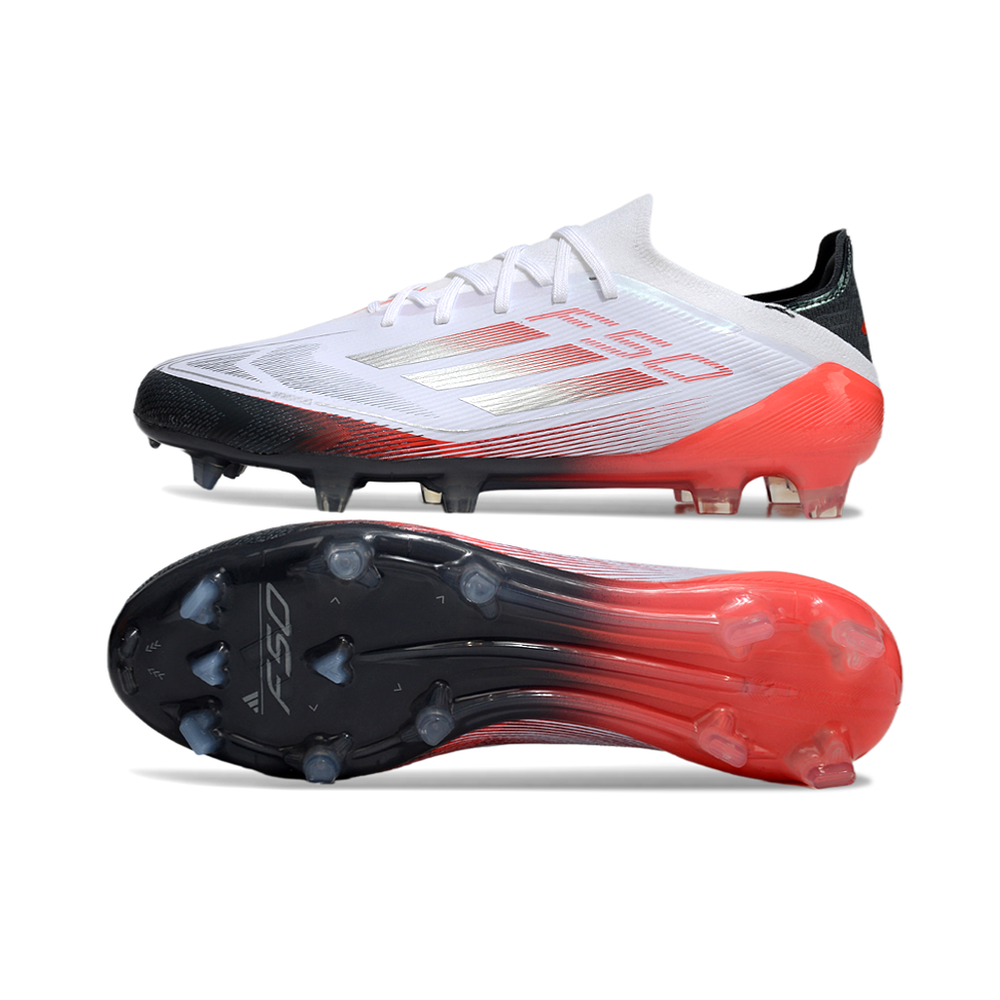 Chuteira Campo Adidas F50 FG Branca, Vermelha e Preto