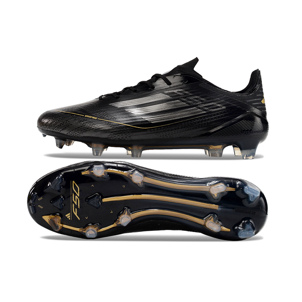 Chuteira Campo Adidas F50 FG Preta, Branca e Dourada 