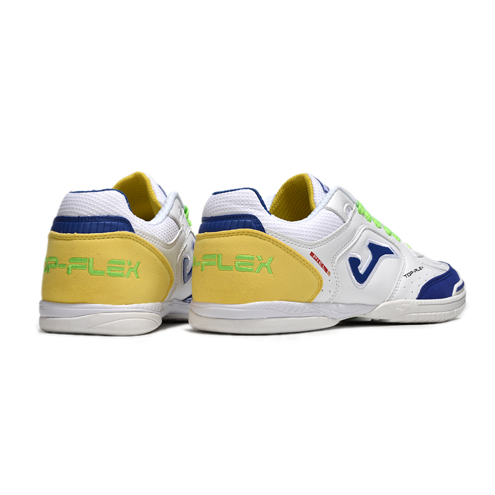 Chuteira Futsal Joma Top Flex Rebound IC Branca, Azul, Verde e Amarelo