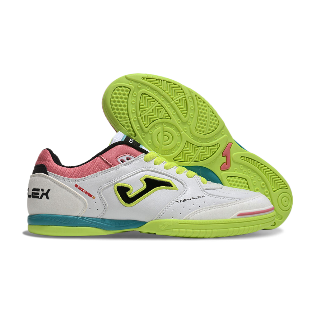 Chuteira Futsal Joma Top Flex Rebound IC Branca, Verde, Rosa e Azul