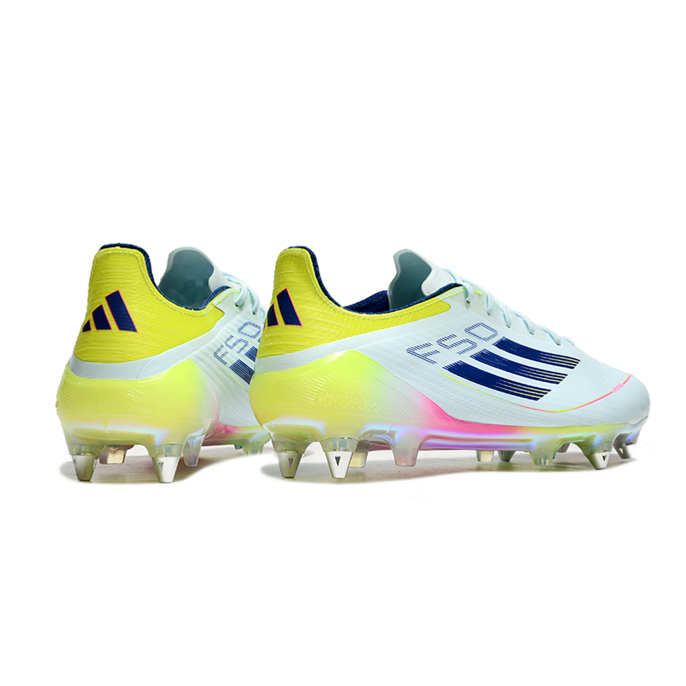 Chuteira Campo Adidas F50 Ponta de Aluminio Azul, Rosa e Amarelo 