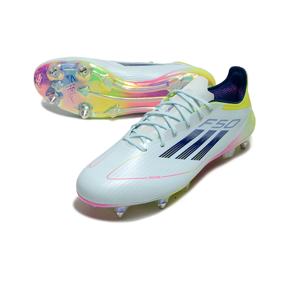Chuteira Campo Adidas F50 Ponta de Aluminio Azul, Rosa e Amarelo 