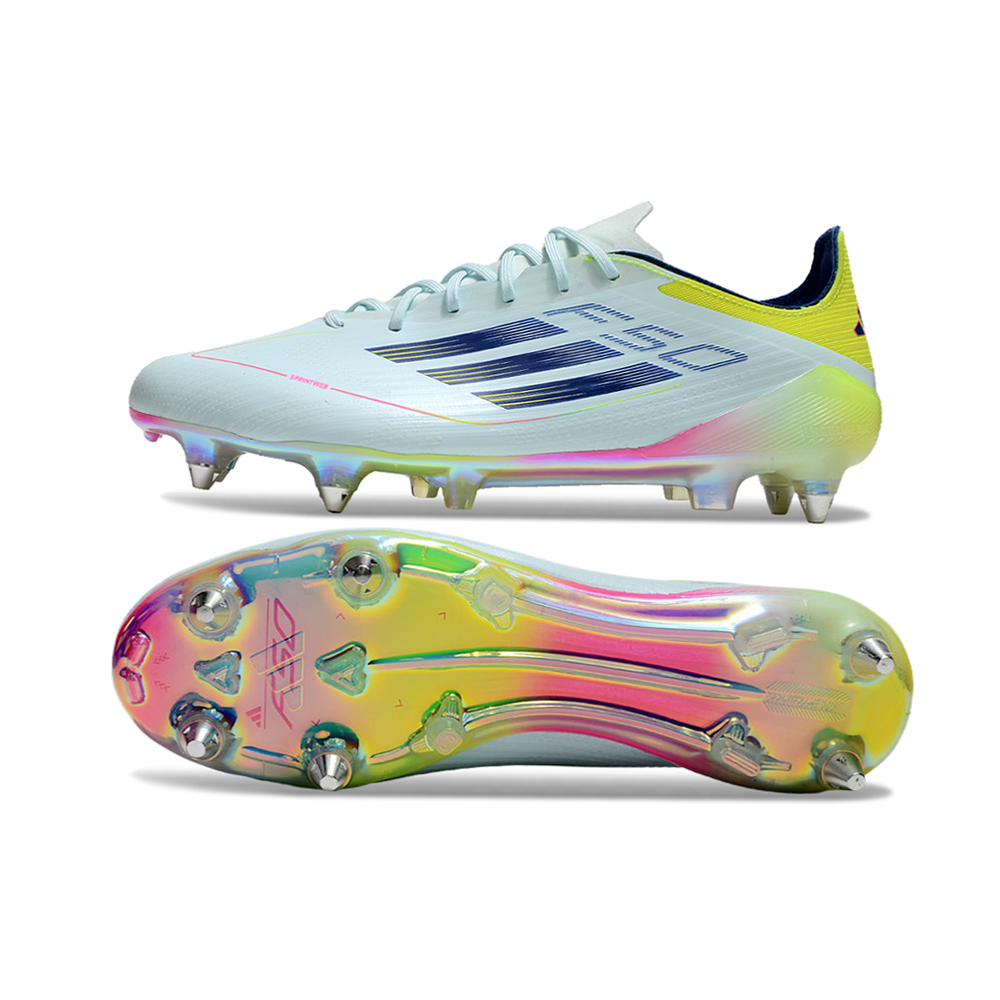 Chuteira Campo Adidas F50 Ponta de Aluminio Azul, Rosa e Amarelo 