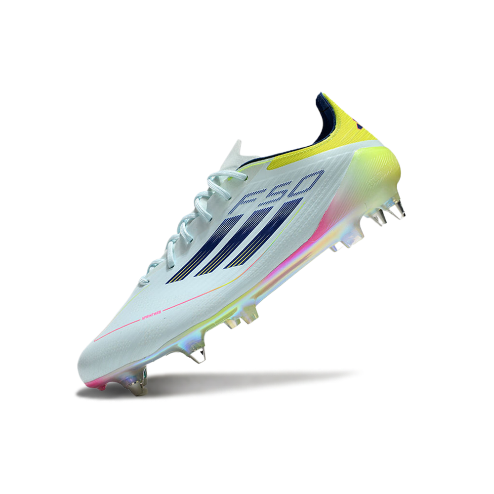 Chuteira Campo Adidas F50 Ponta de Aluminio Azul, Rosa e Amarelo 