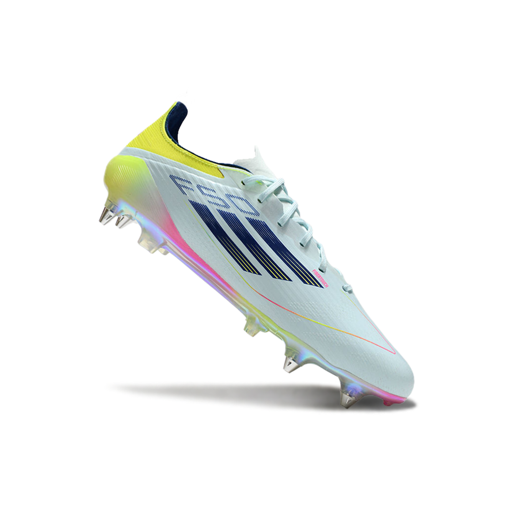 Chuteira Campo Adidas F50 Ponta de Aluminio Azul, Rosa e Amarelo 