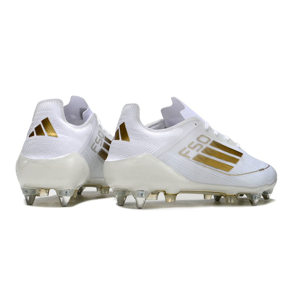 Chuteira Campo Adidas F50 Ponta de Aluminio Branca e Dourada 