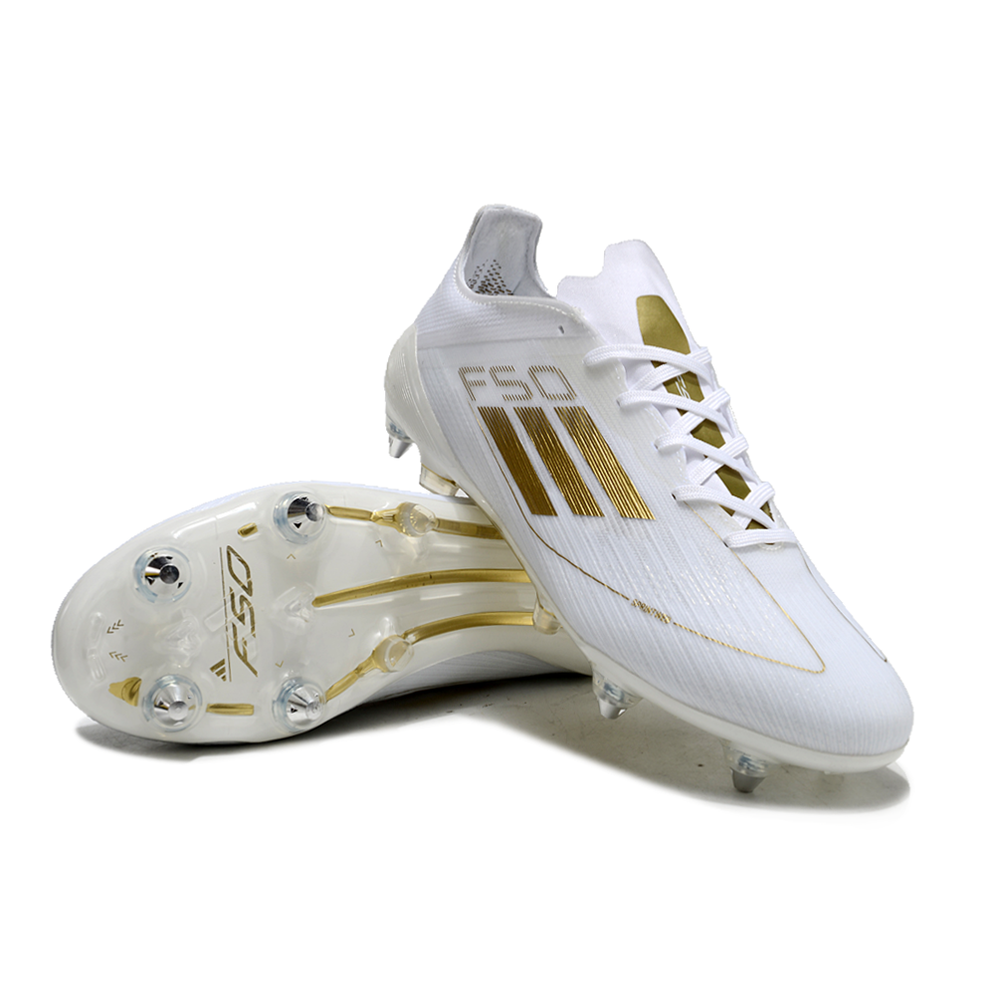 Chuteira Campo Adidas F50 Ponta de Aluminio Branca e Dourada 