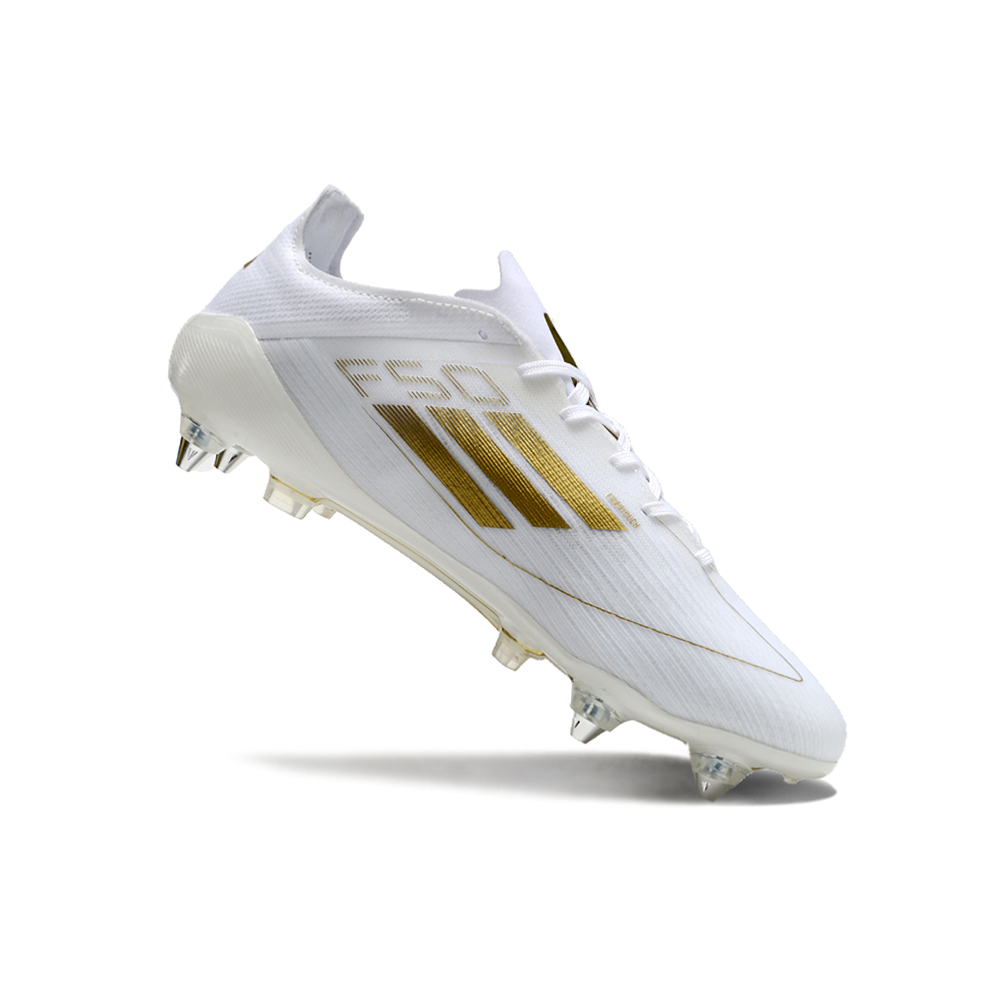 Chuteira Campo Adidas F50 Ponta de Aluminio Branca e Dourada 