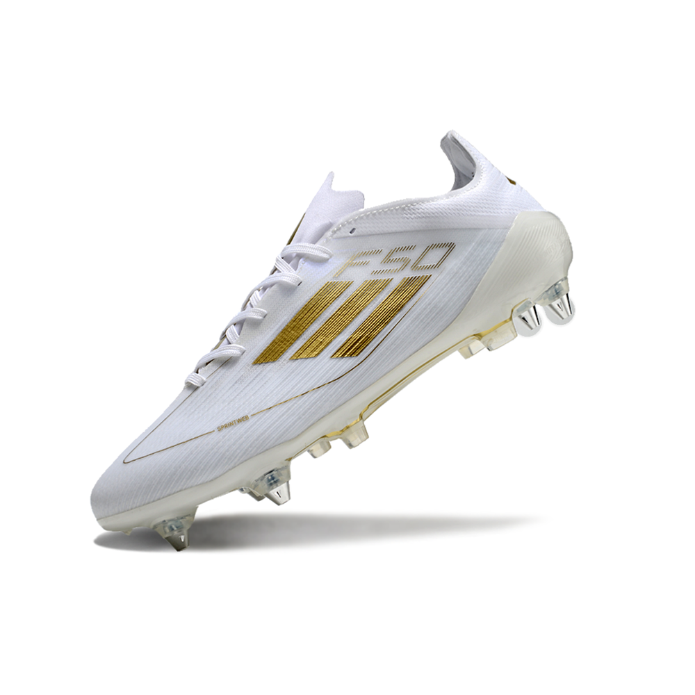 Chuteira Campo Adidas F50 Ponta de Aluminio Branca e Dourada 
