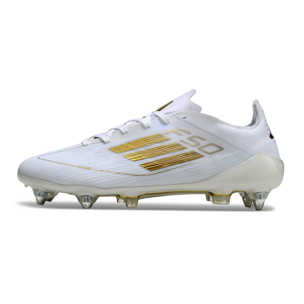 Chuteira Campo Adidas F50 Ponta de Aluminio Branca e Dourada 
