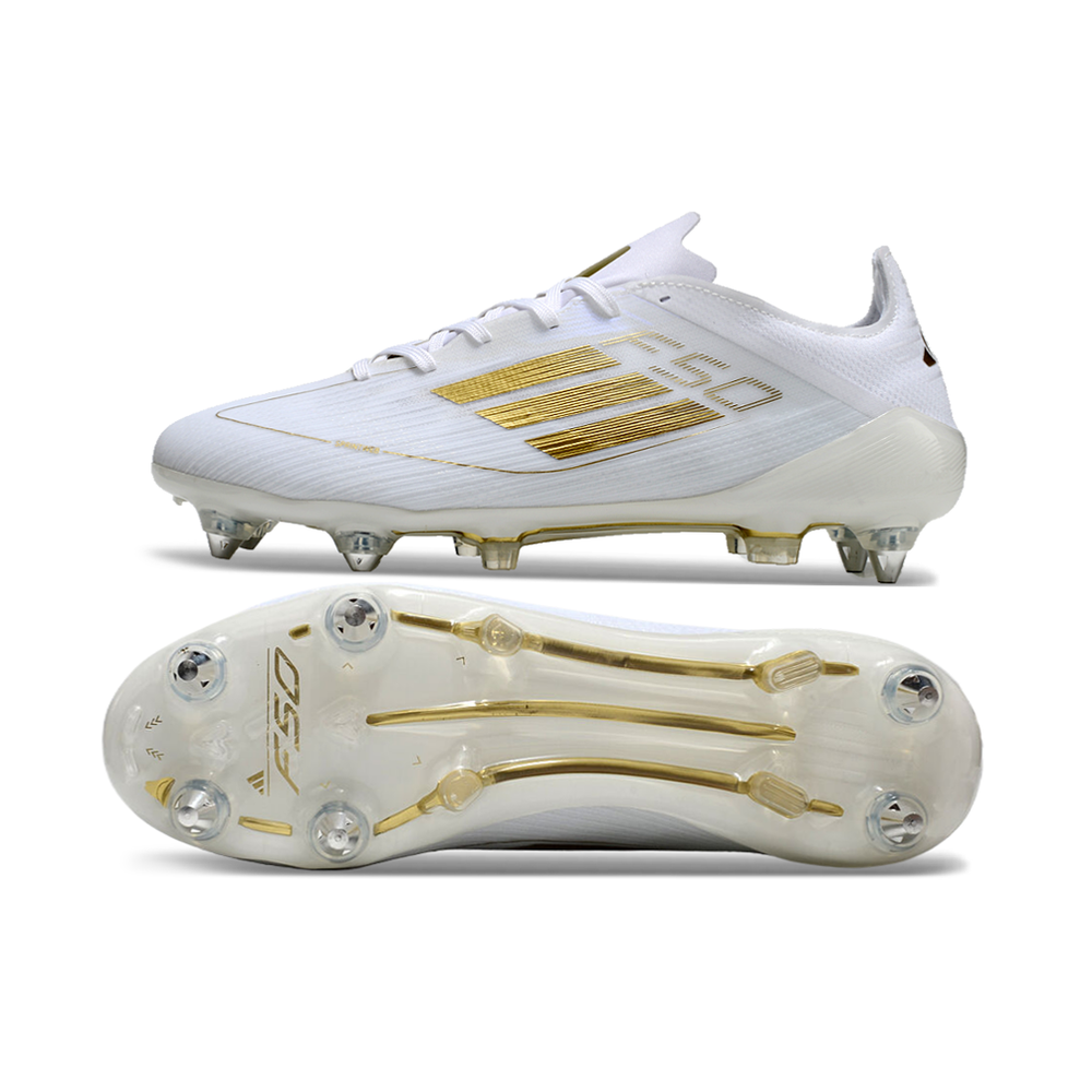 Chuteira Campo Adidas F50 Ponta de Aluminio Branca e Dourada 