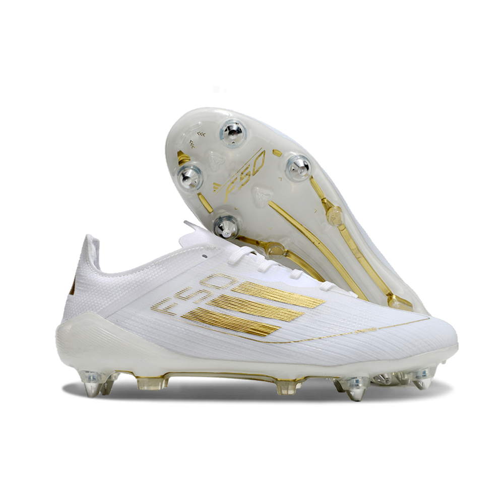 Chuteira Campo Adidas F50 Ponta de Aluminio Branca e Dourada 