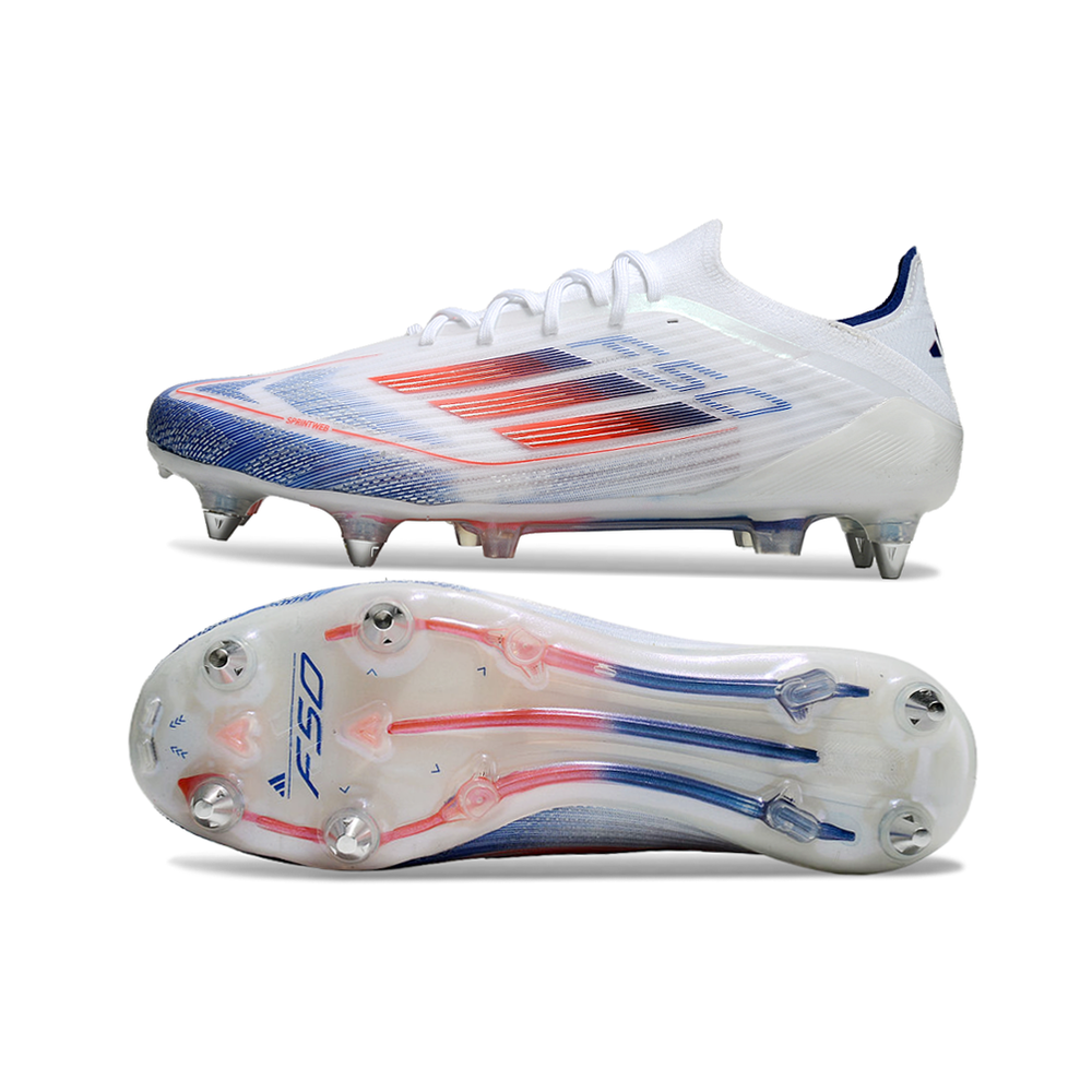 Chuteira Campo Adidas F50 Ponta de Aluminio Branca, Azul e Vermelha 