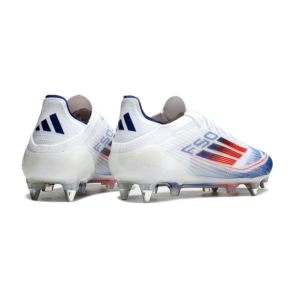 Chuteira Campo Adidas F50 Ponta de Aluminio Branca, Azul e Vermelha 