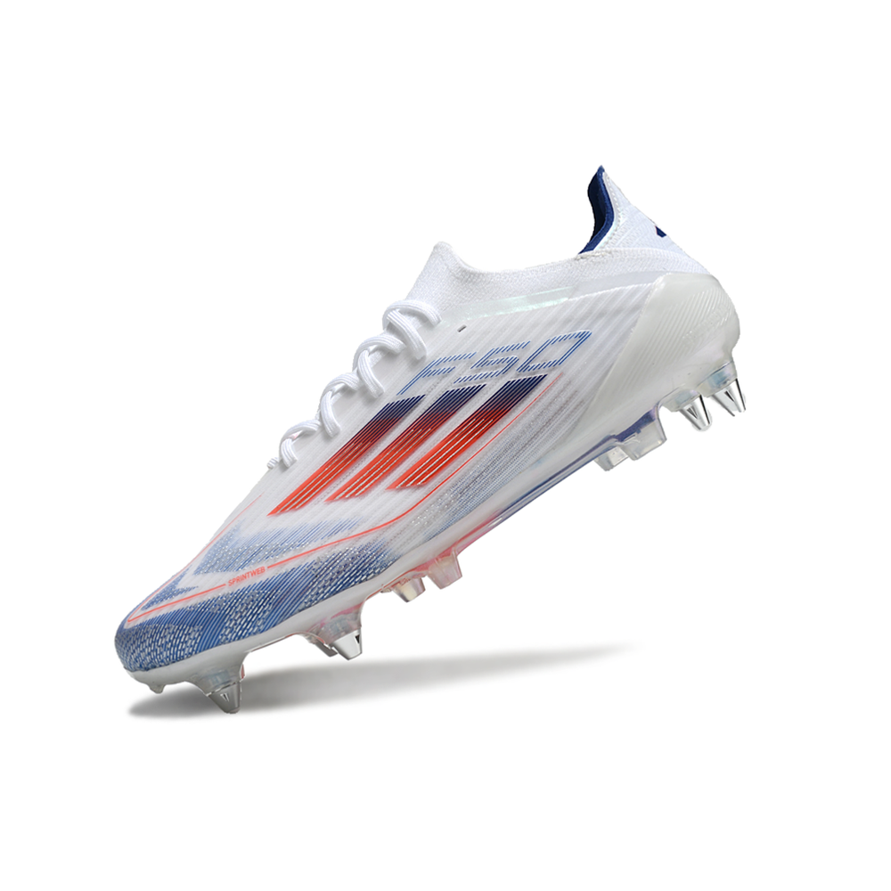 Chuteira Campo Adidas F50 Ponta de Aluminio Branca, Azul e Vermelha 
