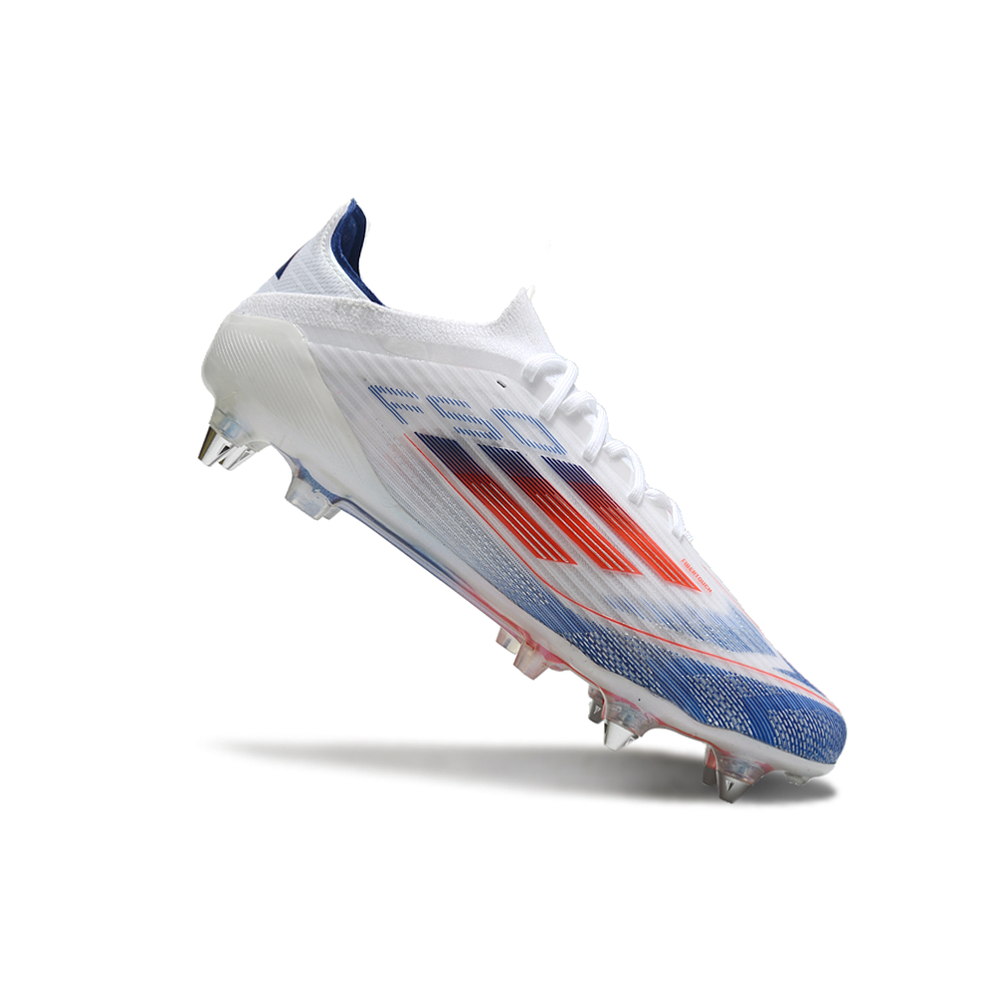 Chuteira Campo Adidas F50 Ponta de Aluminio Branca, Azul e Vermelha 