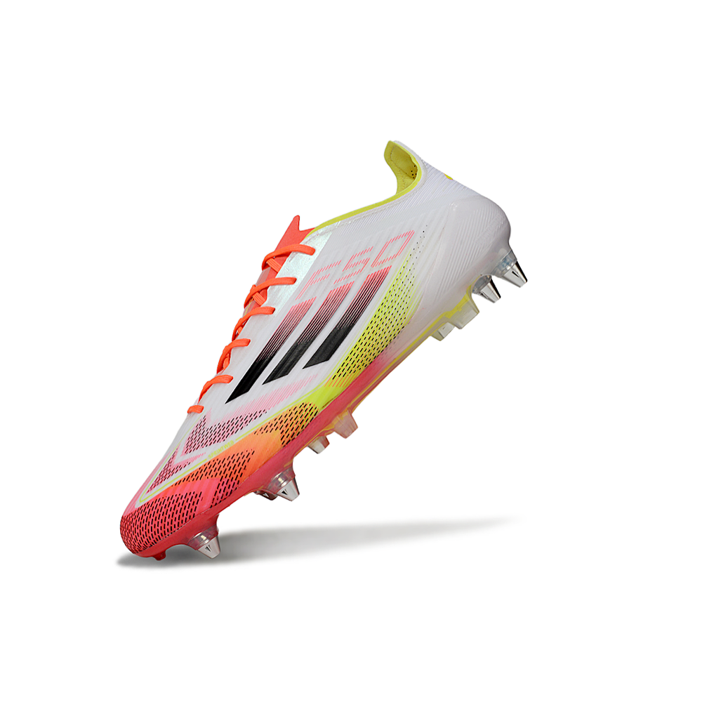 Chuteira Campo Adidas F50 Ponta de Aluminio Branca, Laranja e Amarelo