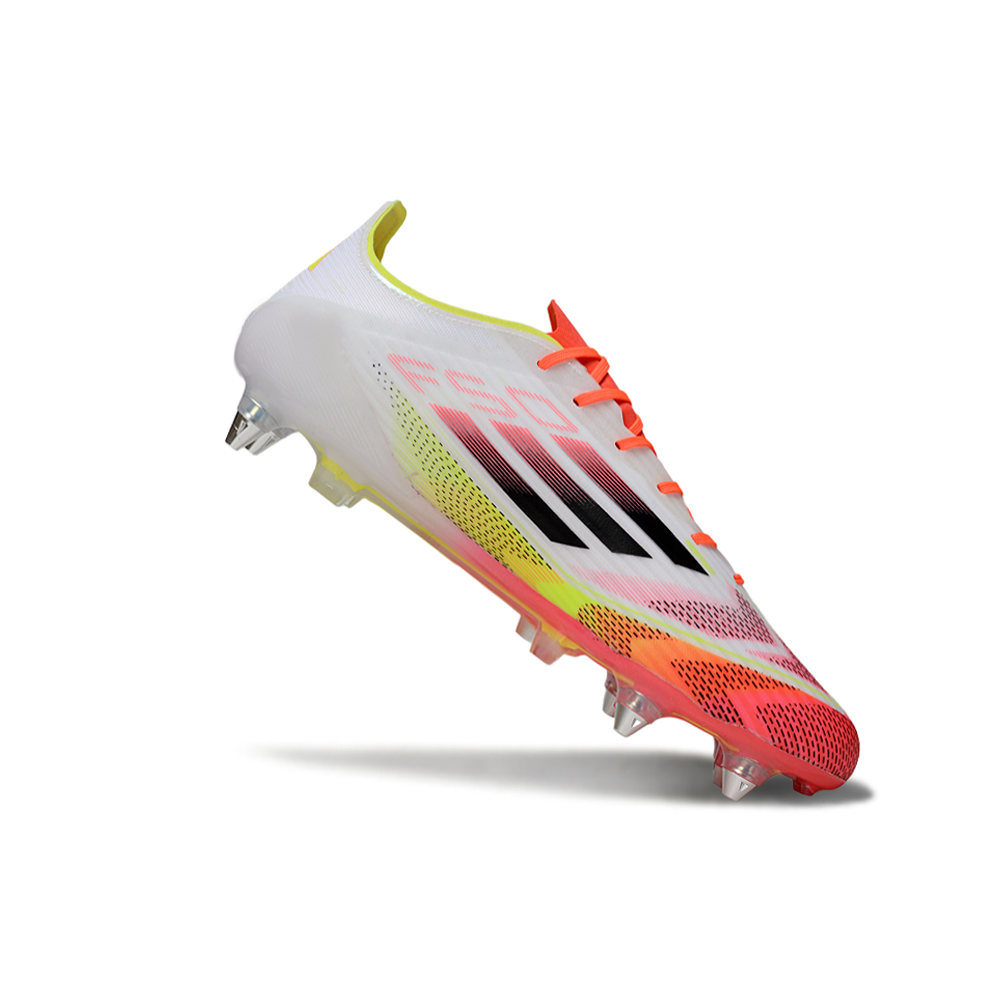 Chuteira Campo Adidas F50 Ponta de Aluminio Branca, Laranja e Amarelo