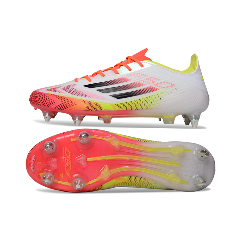 Chuteira Campo Adidas F50 Ponta de Aluminio Branca, Laranja e Amarelo