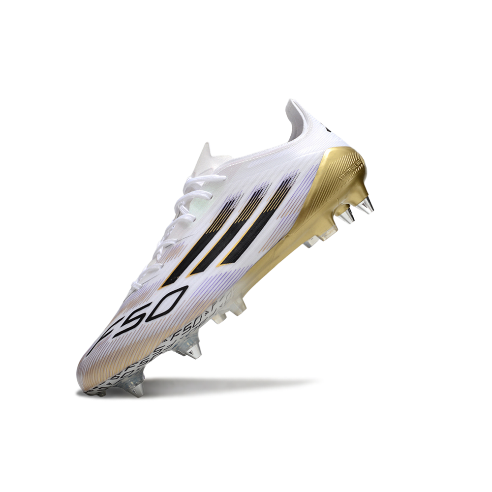 Chuteira Campo Adidas F50 Ponta de Aluminio Branco, Preto e Dourado